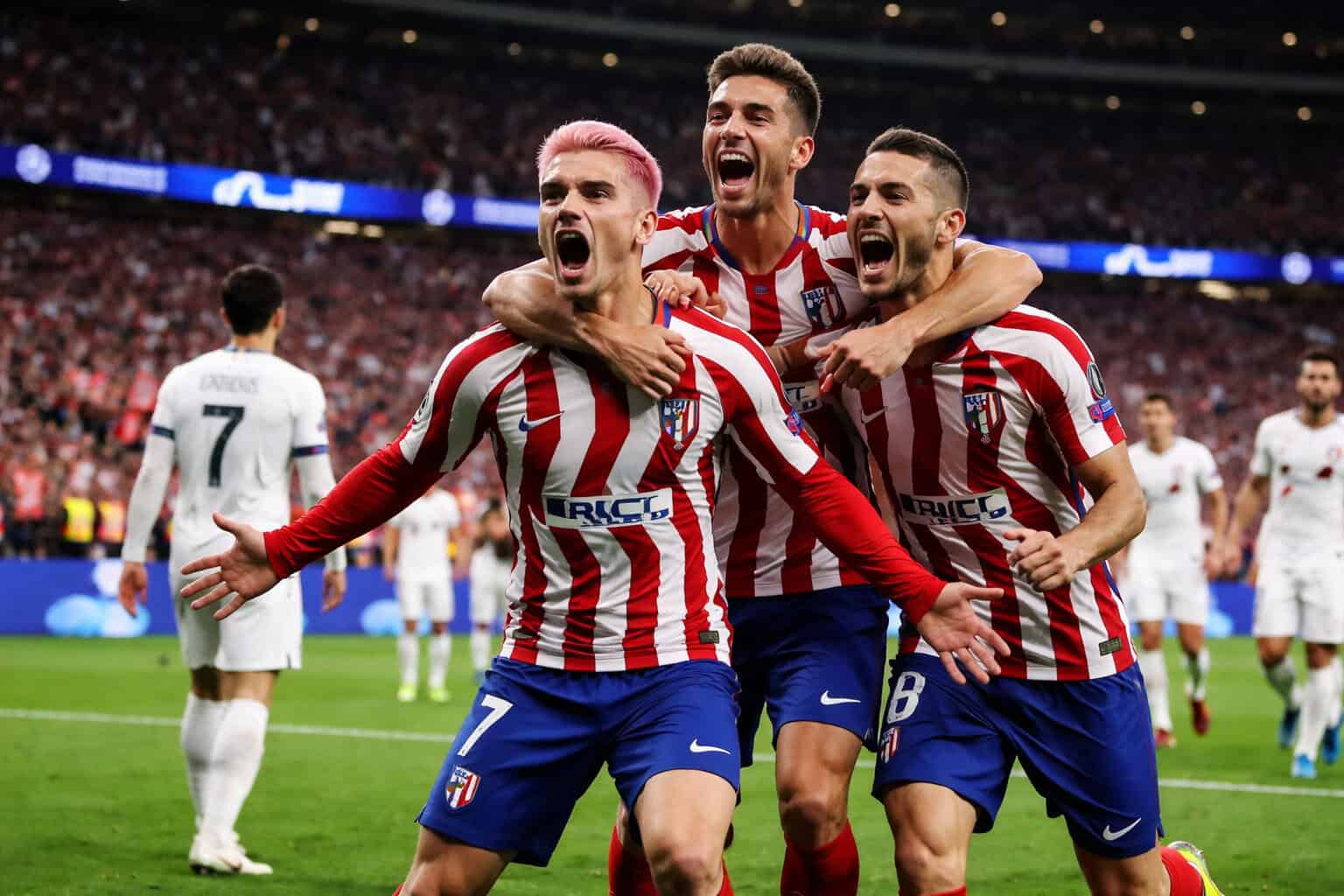 Joueurs de l’Atlético Madrid célébrant un but contre Tottenham lors du huitième de finale aller de Ligue des champions du 10 mars 2026