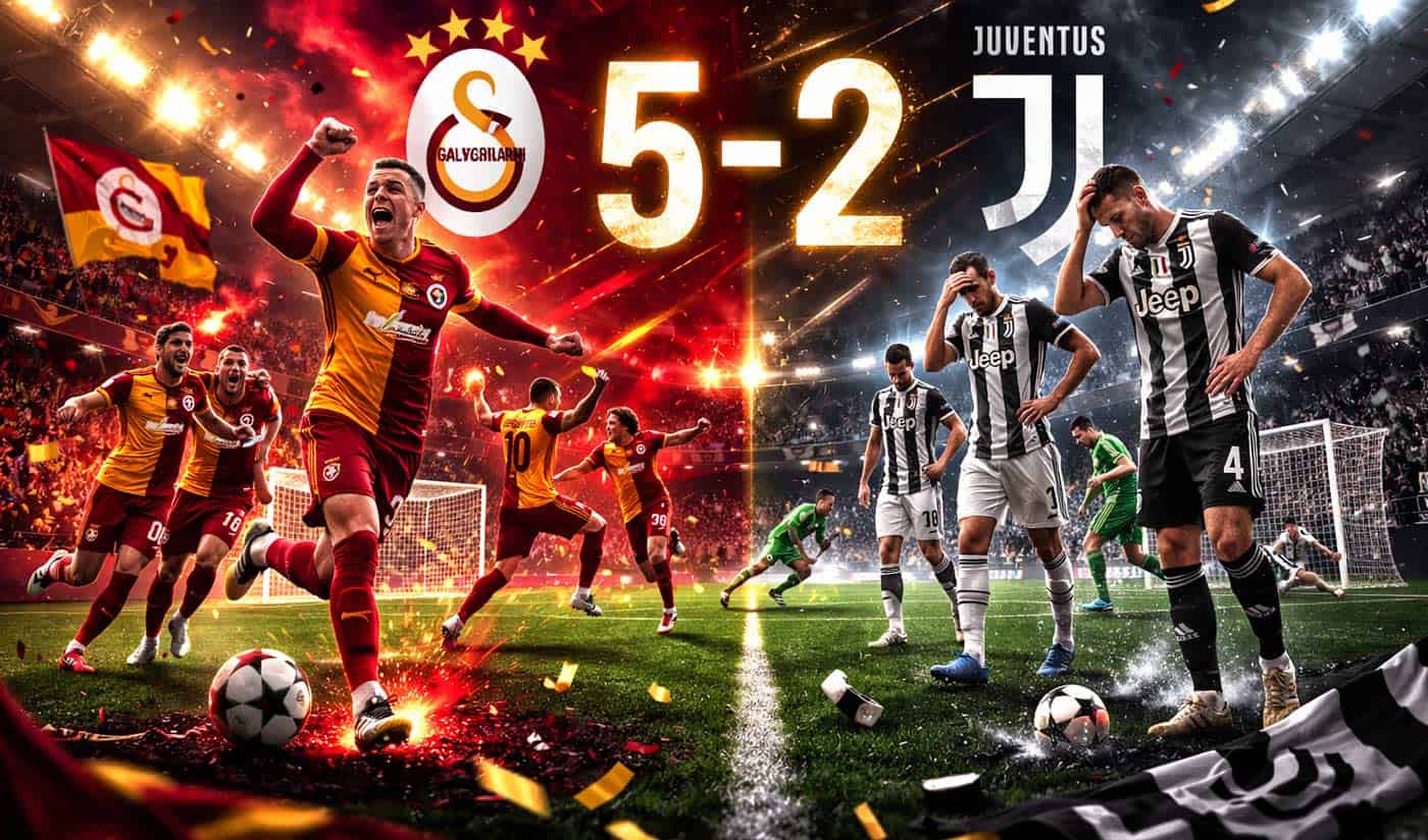 Joueurs de Galatasaray célébrant une large victoire face à la Juventus dans un stade en fusion lors d’un match de Ligue des champions.