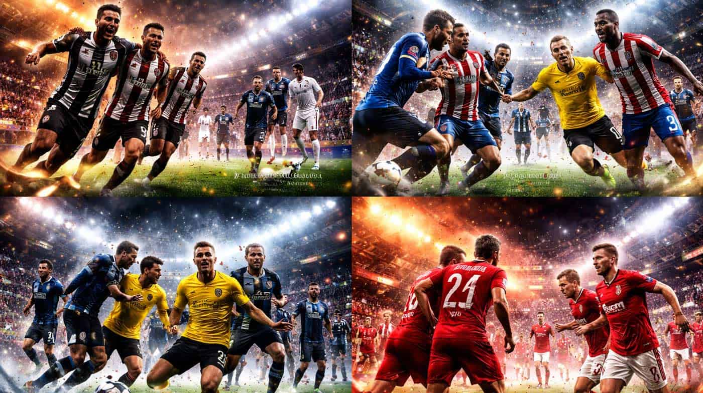 Scènes de matchs de Ligue des champions avec plusieurs équipes en action dans un stade plein lors des barrages aller de février 2026.