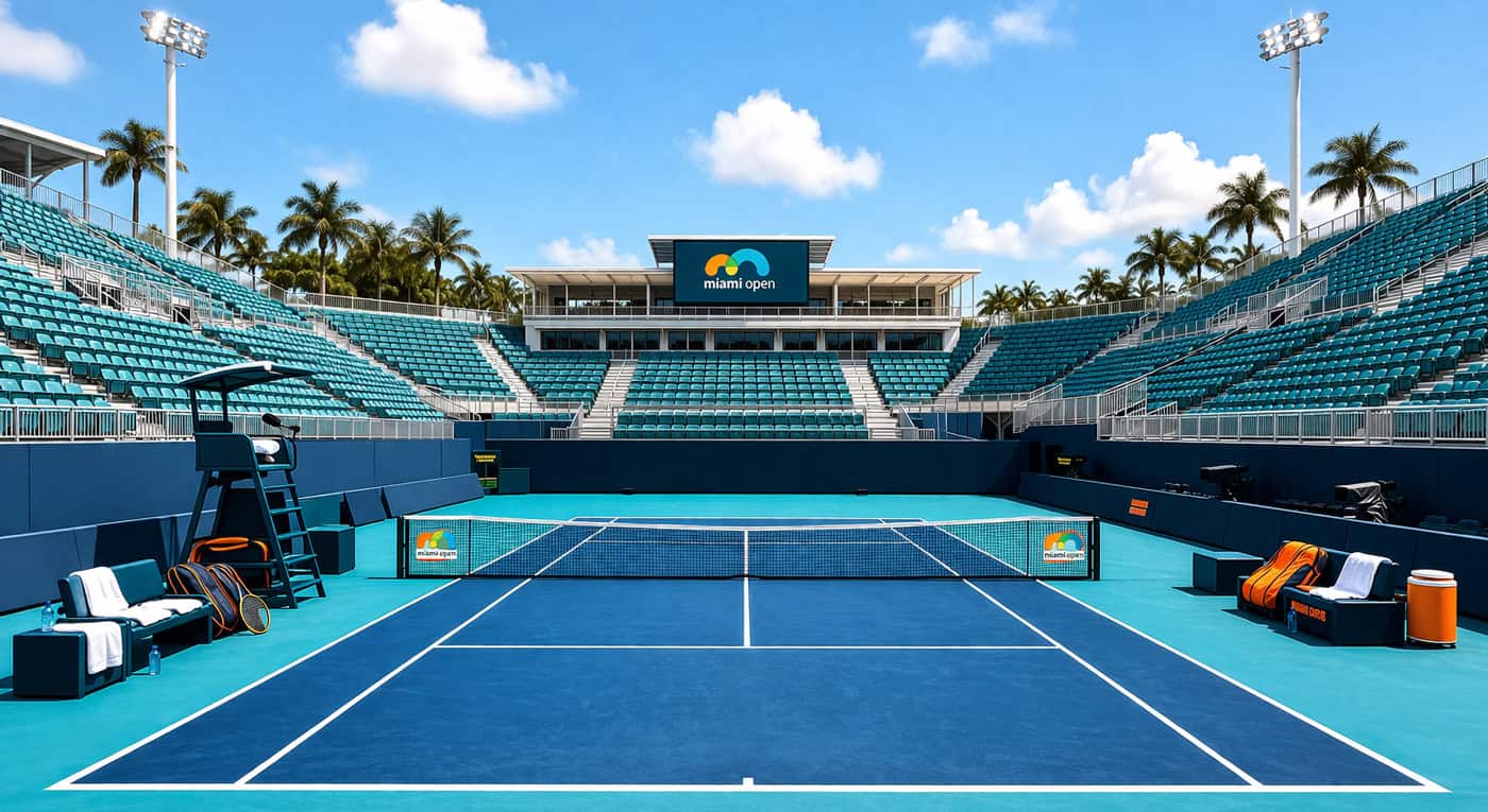 Court du Miami Open vide avant un match avec tribunes, filet et terrain de tennis en plein soleil dans un grand stade.