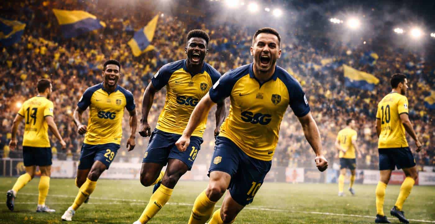 Joueurs de l’Union Saint-Gilloise célébrant un but lors d’un match de Jupiler Pro League dans un stade plein avec supporters en arrière-plan.