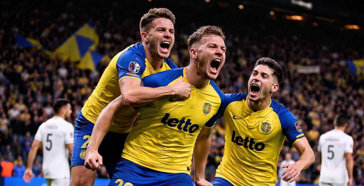 Joueurs de l’Union Saint-Gilloise célébrant un but contre Dender lors du match de Jupiler Pro League du 14 mars 2026