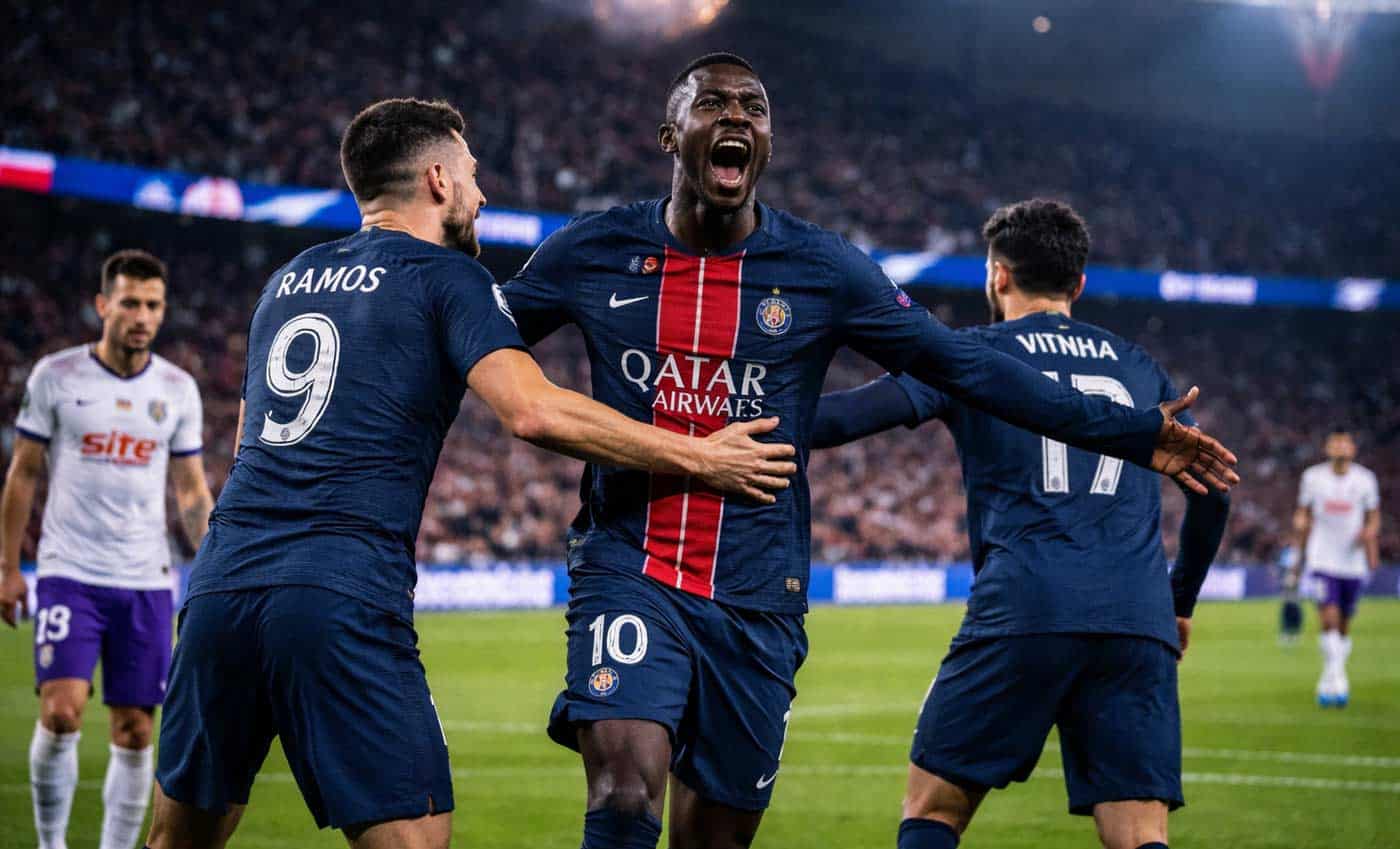 Joueurs du PSG célébrant un but lors de la victoire 3-1 contre Toulouse en Ligue 1 le 3 avril 2026
