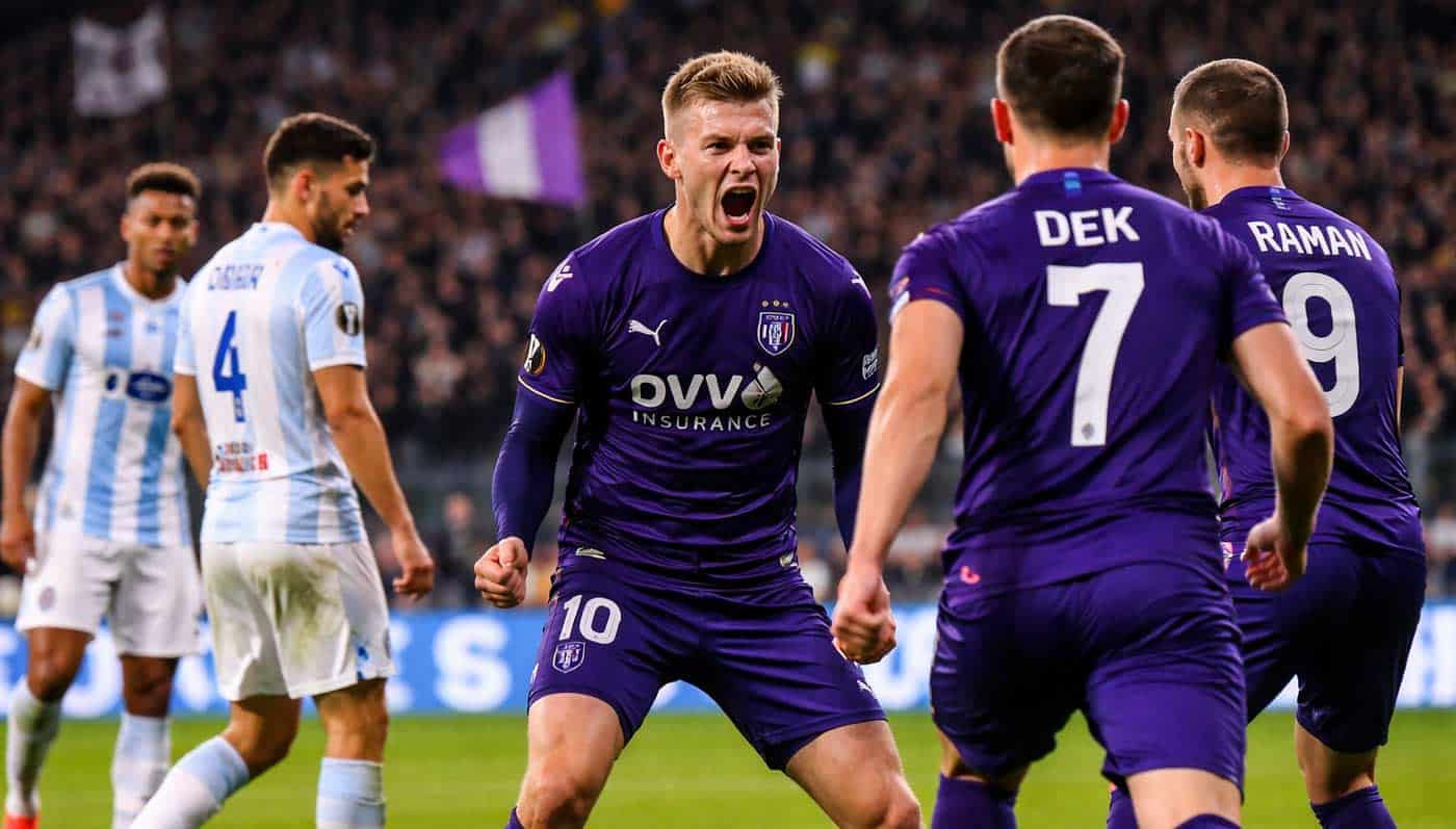 Joueurs d’Anderlecht célébrant un but face à La Gantoise lors d’un match en soirée au Lotto Park