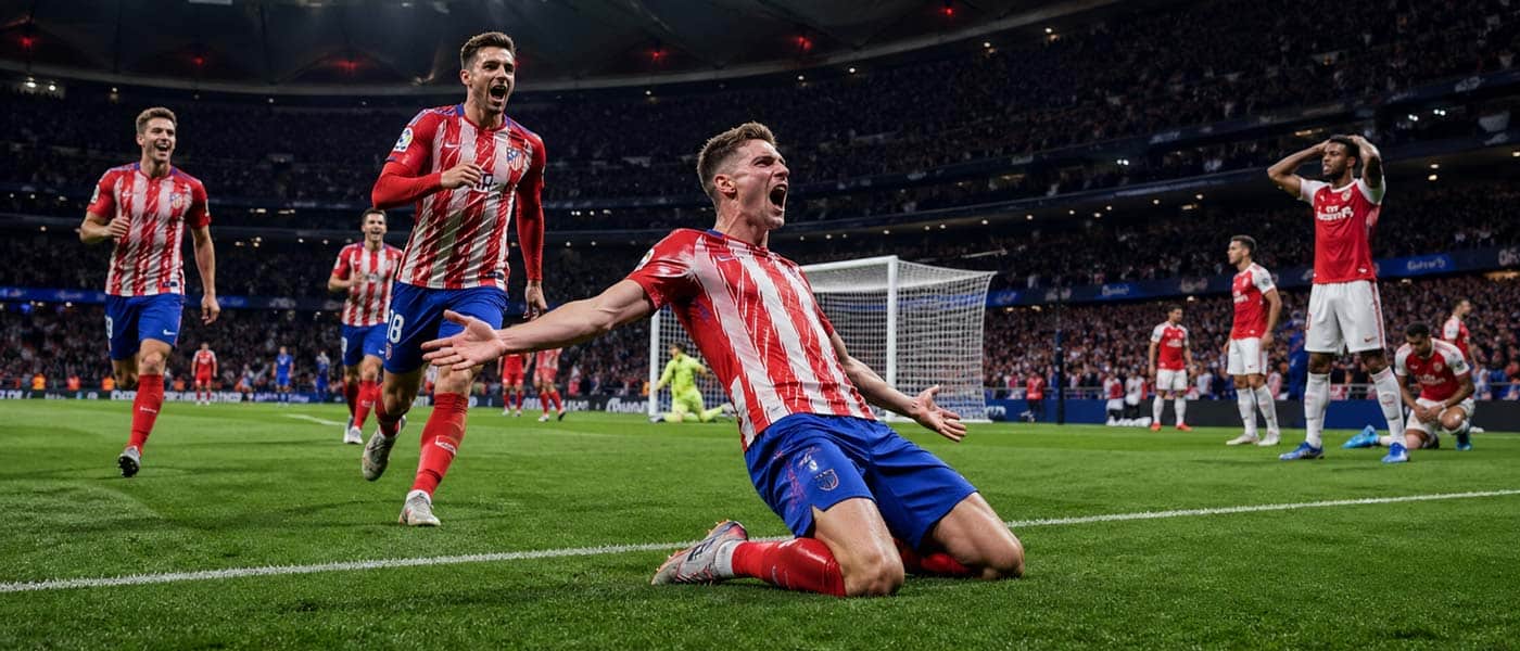 Illustration du match Atlético Madrid – Arsenal 1-1 en Champions League, avec un joueur de l’Atlético célébrant un but dans un stade plein.