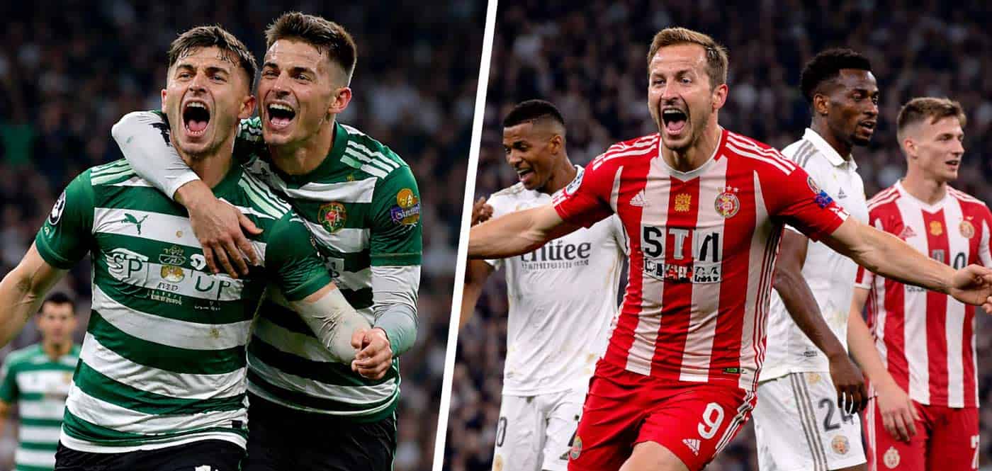 Montage de deux scènes de Champions League avec Arsenal en célébration face au Sporting et le Bayern célébrant contre le Real Madrid le 7 avril 2026
