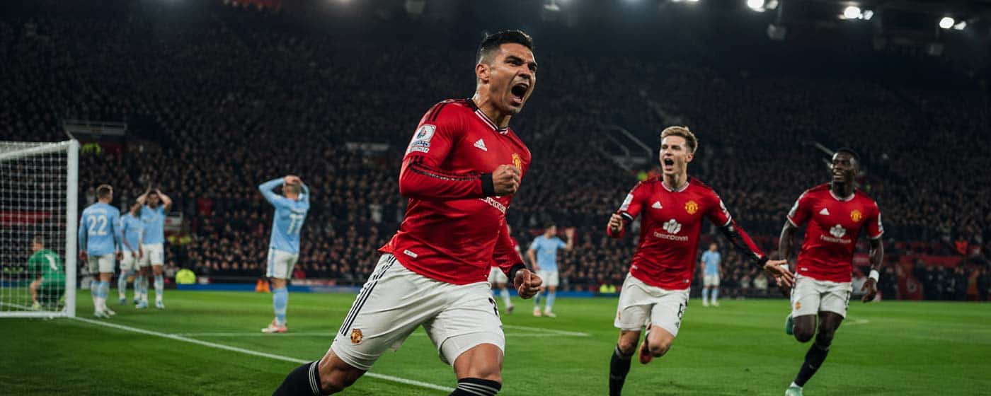Illustration de Manchester United – Brentford 2-1 en Premier League, avec un joueur de Manchester United célébrant un but à Old Trafford.