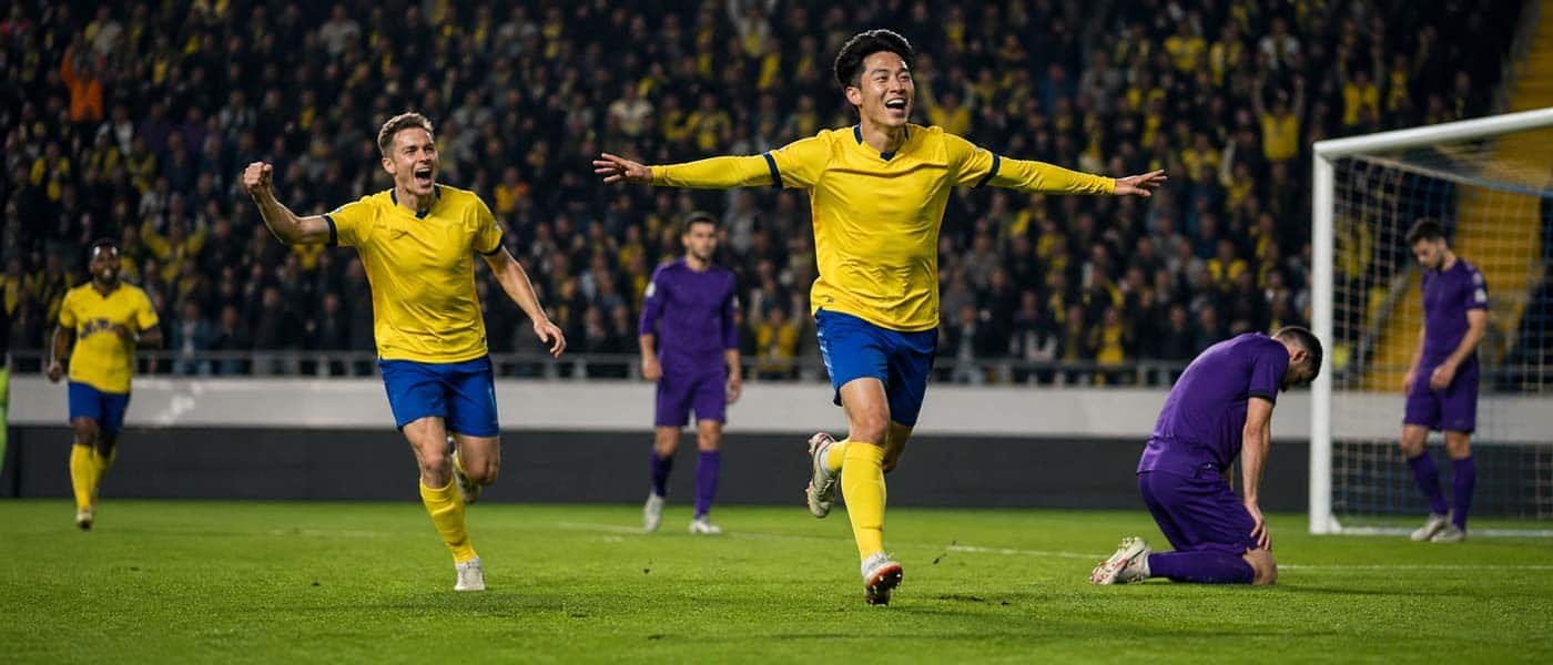 Illustration panoramique de joueurs en jaune célébrant un but face à des joueurs en violet lors de Sint-Truiden 2-0 Anderlecht