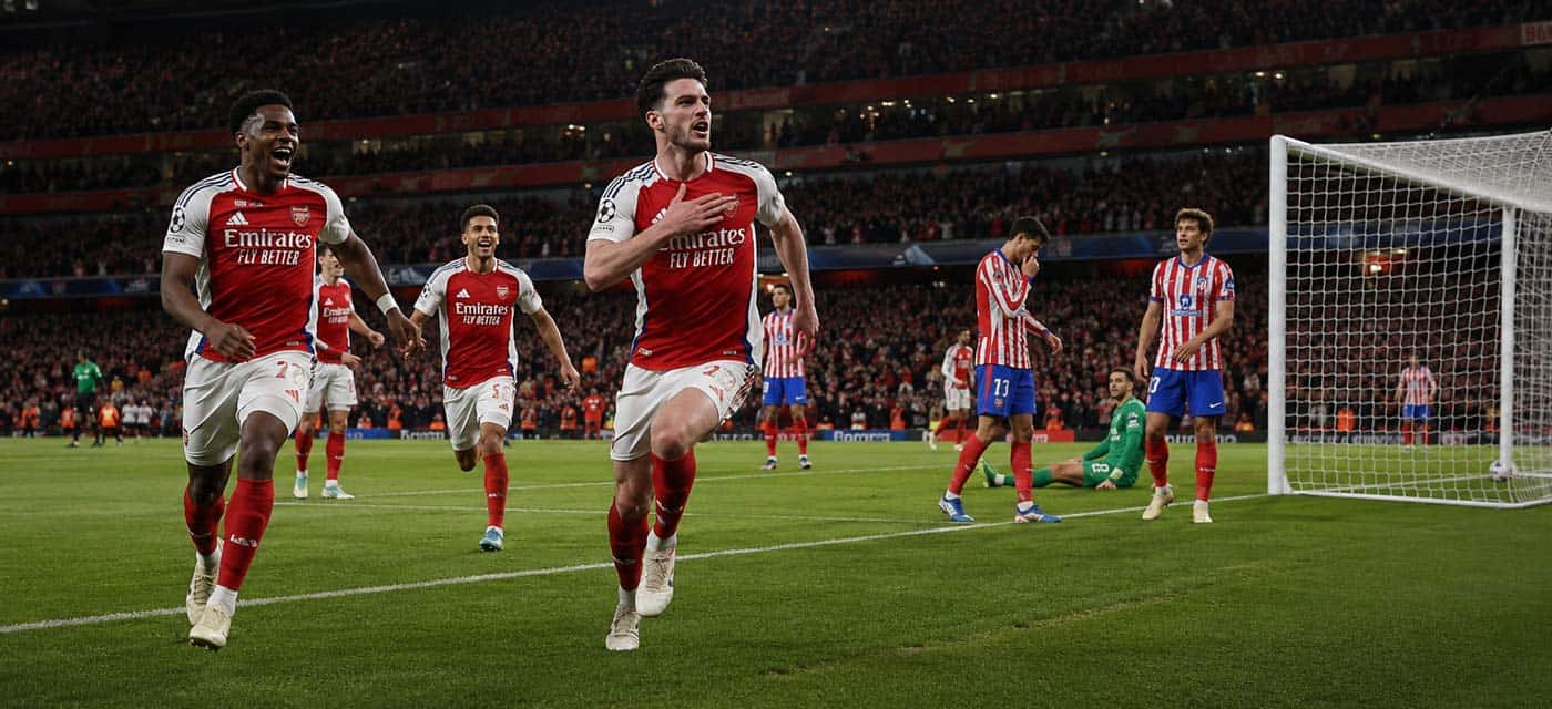 Illustration du match Arsenal – Atlético Madrid 1-0 en Champions League, avec des joueurs d’Arsenal célébrant un but.