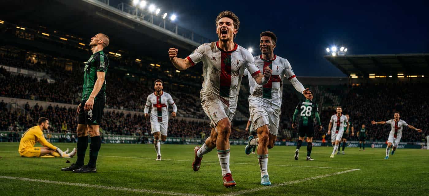 Illustration du match Cercle Brugge – Zulte Waregem 2-3 en Jupiler Pro League, avec des joueurs de Zulte célébrant un but.