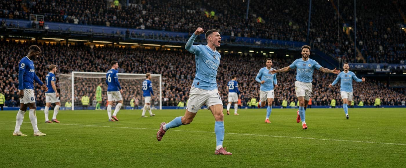 Illustration du match Everton – Manchester City 3-3 en Premier League, avec des joueurs de Manchester City célébrant un but.