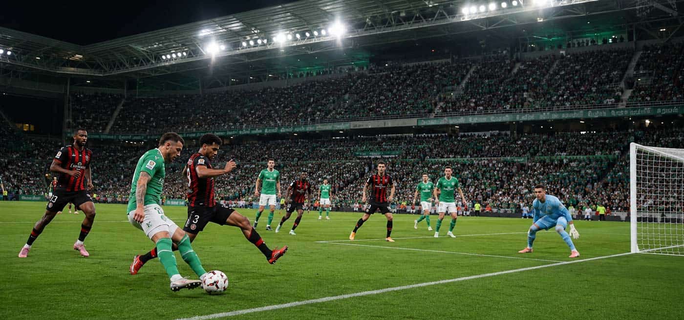 Illustration du match Saint-Étienne – Nice 0-0 en barrage de Ligue 1, avec une action offensive stéphanoise dans la surface niçoise.