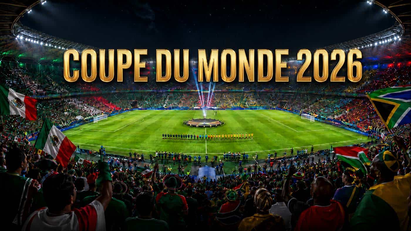 Stade de football plein lors d’une cérémonie d’ouverture, avec les mots « Coupe du Monde 2026 » en grand au-dessus du terrain.