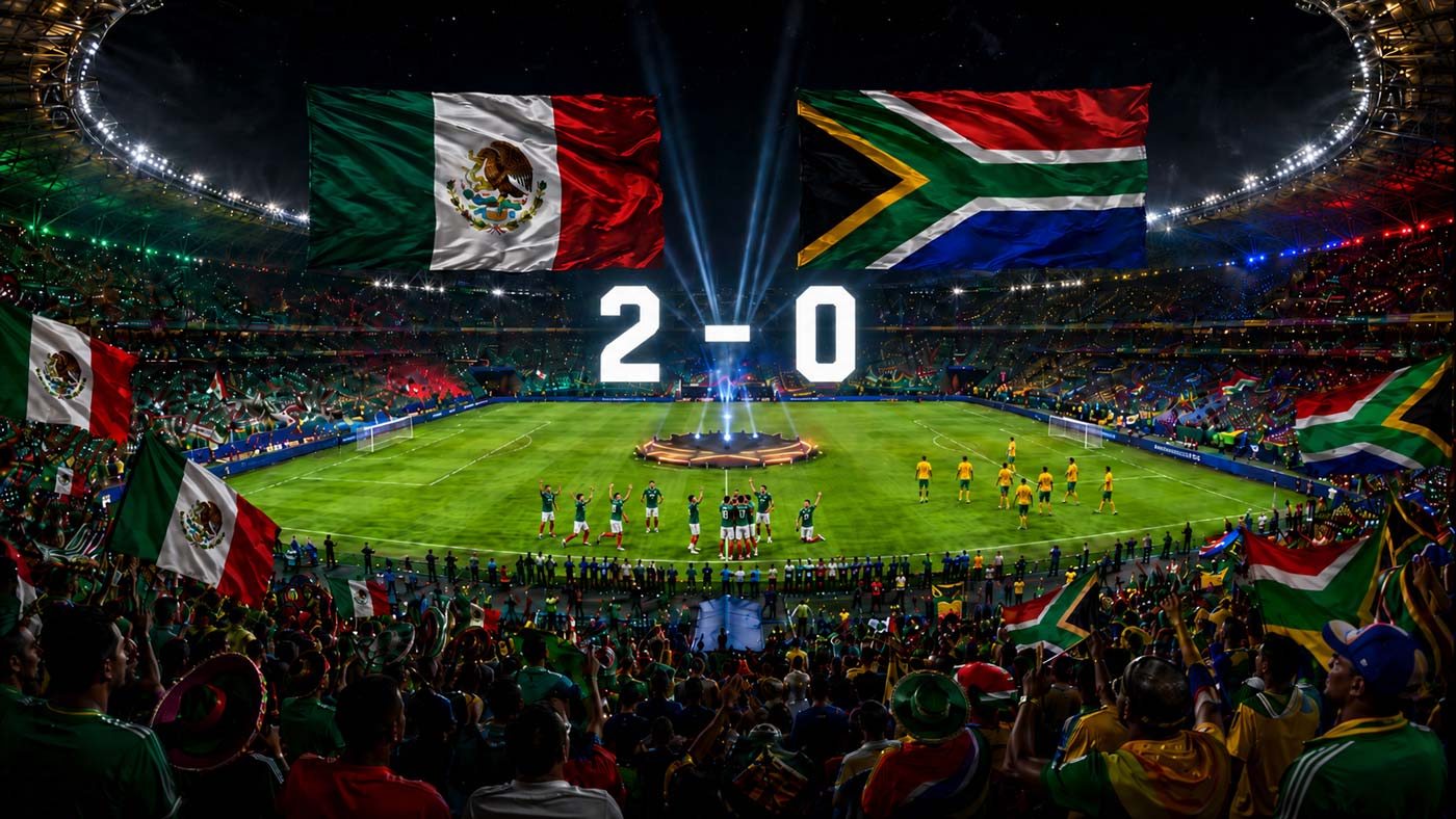 Stade de football rempli avec les drapeaux du Mexique et de l’Afrique du Sud, score 2-0 et joueurs mexicains célébrant sur la pelouse.