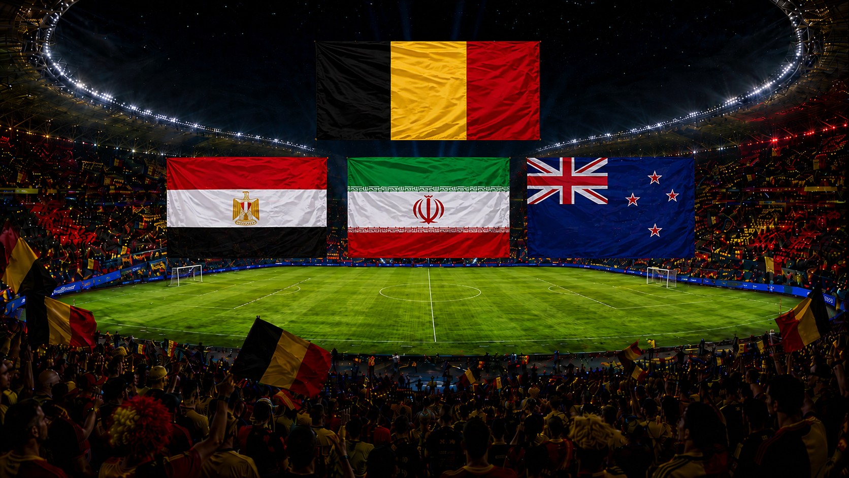 Stade de football rempli avec le drapeau de la Belgique en haut et les drapeaux de l’Égypte, de l’Iran et de la Nouvelle-Zélande alignés en dessous.
