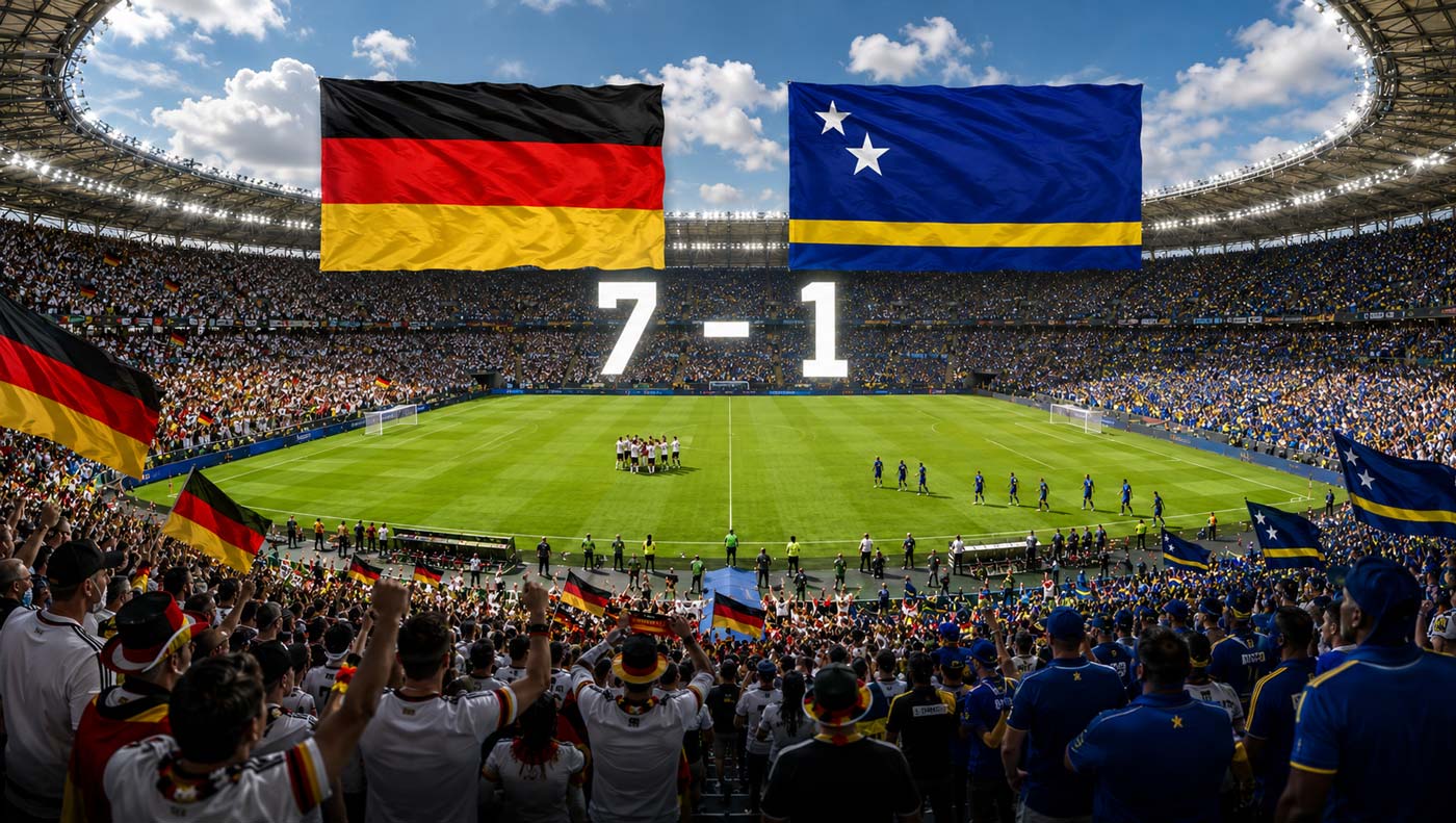 Stade de football rempli avec les drapeaux de l’Allemagne et de Curaçao, score 7-1 et joueurs allemands célébrant sur la pelouse.
