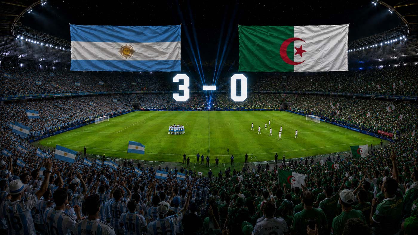 Stade de football rempli avec les drapeaux de l’Argentine et de l’Algérie, le score 3-0 et les joueurs argentins regroupés sur la pelouse après leur victoire.