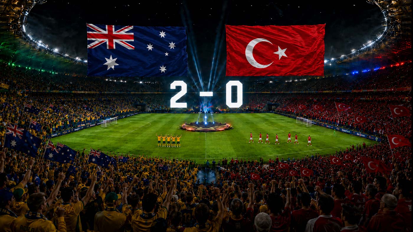 Stade de football rempli avec les drapeaux de l’Australie et de la Turquie, score 2-0 et joueurs australiens célébrant sur la pelouse.