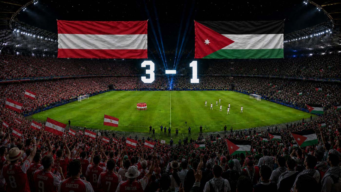 Stade rempli avec les drapeaux de l’Autriche et de la Jordanie, le score 3-1 et les joueurs autrichiens célébrant leur victoire.