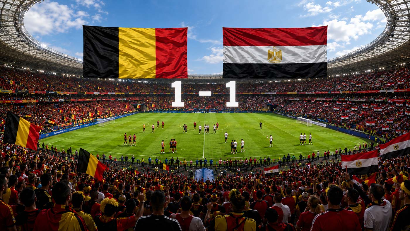 Stade de football rempli avec les drapeaux de la Belgique et de l’Égypte, score 1-1 et joueurs des deux équipes répartis sur la pelouse après le match.