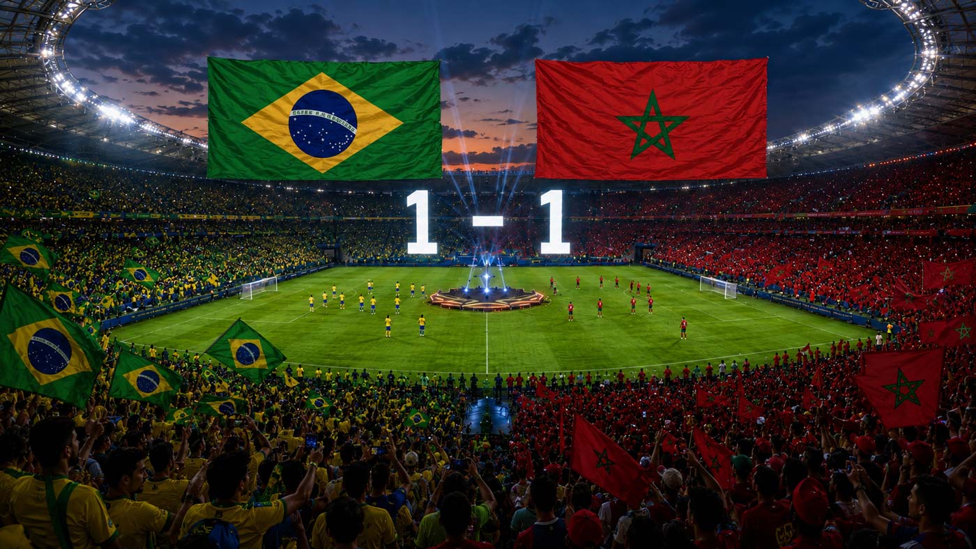 Stade de football rempli avec les drapeaux du Brésil et du Maroc, score 1-1 et joueurs des deux équipes répartis sur la pelouse après le match.