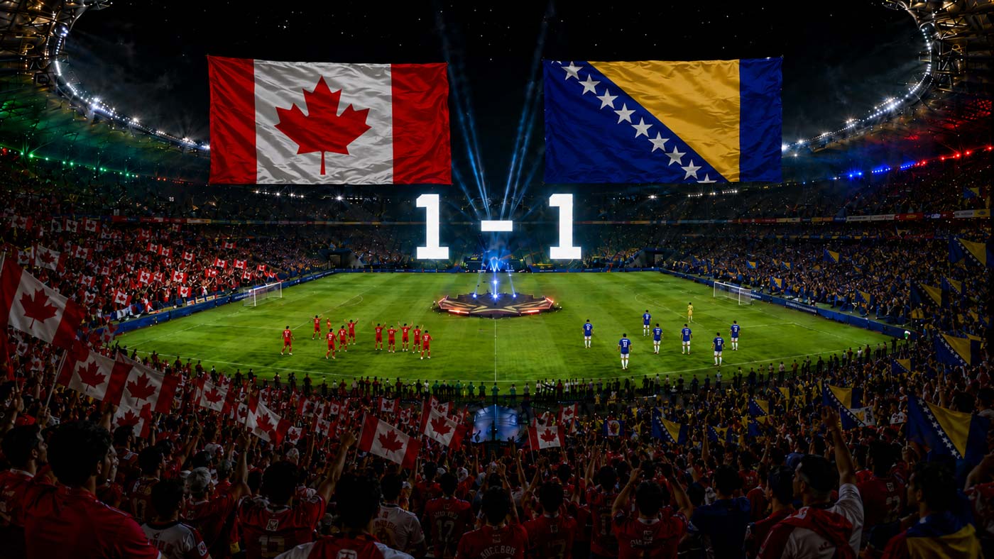 Stade de football rempli avec les drapeaux du Canada et de la Bosnie-Herzégovine, score 1-1 et joueurs canadiens saluant le public.