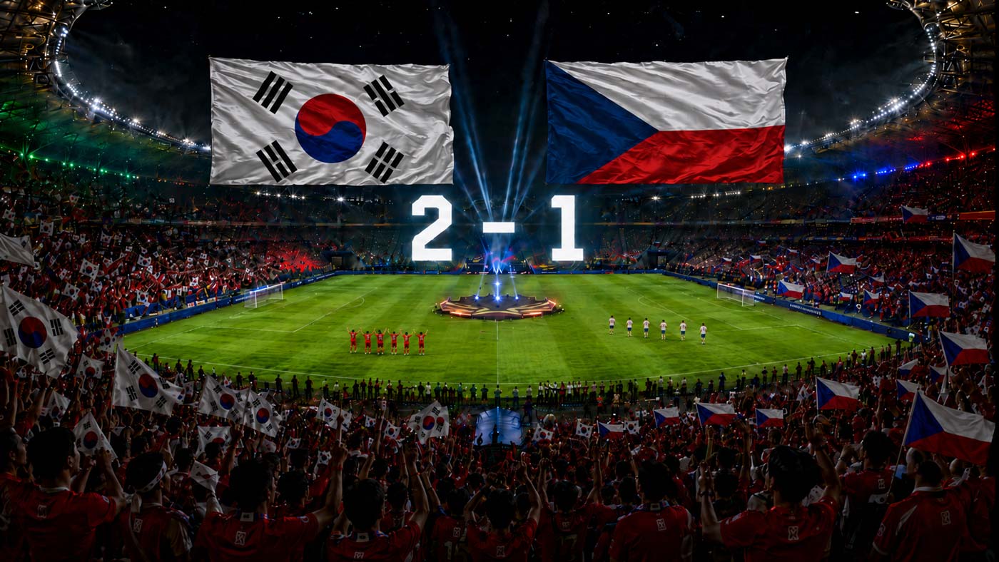 Stade de football rempli avec les drapeaux de la Corée du Sud et de la Tchéquie, score 2-1 et joueurs sud-coréens célébrant sur la pelouse.