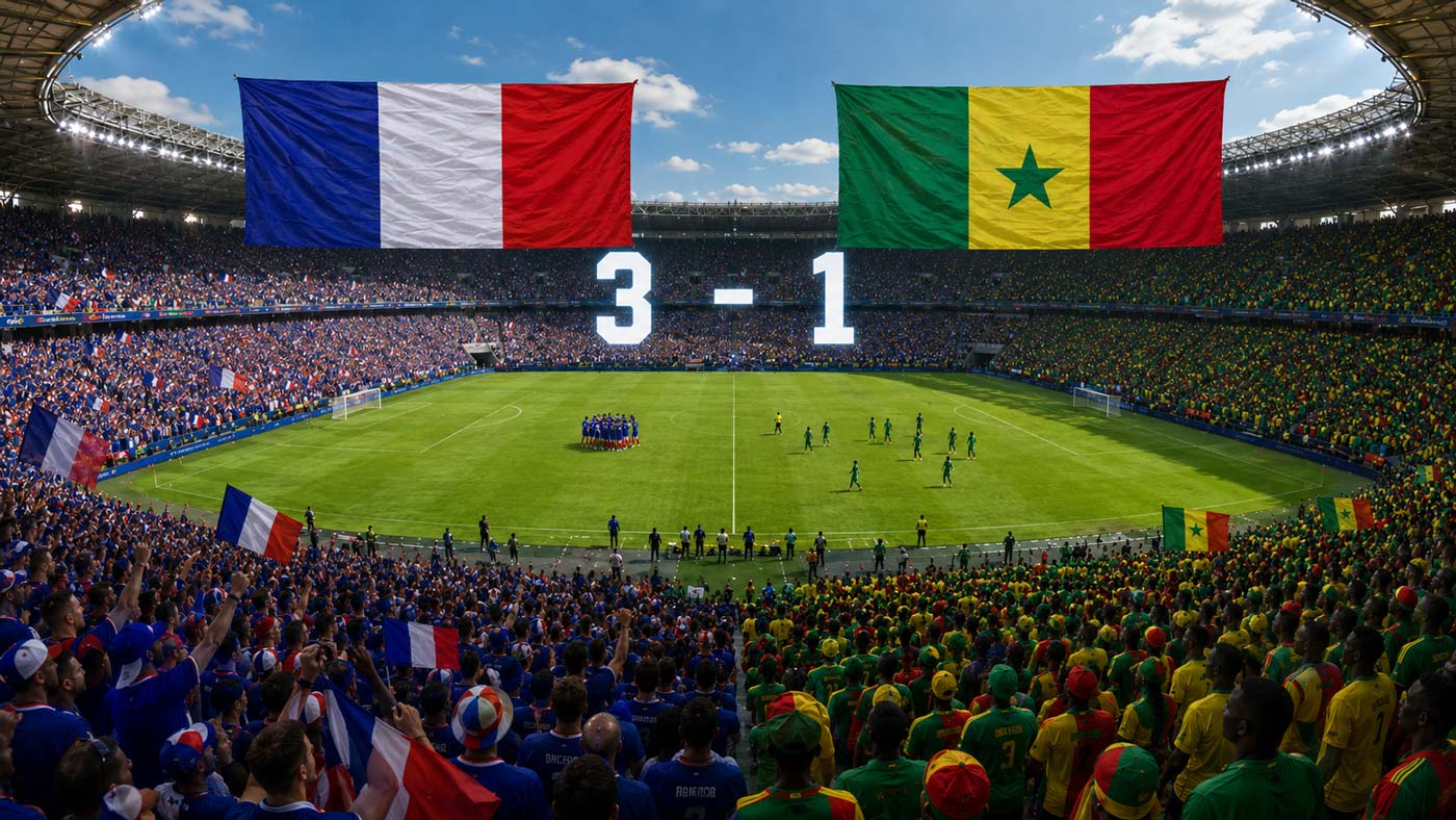 Stade de football rempli avec les drapeaux de la France et du Sénégal, le score 3-1 et les joueurs français célébrant sur la pelouse.