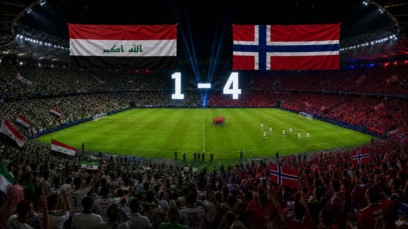 Stade de football rempli avec les drapeaux de l’Irak et de la Norvège, le score 1-4 et les joueurs norvégiens célébrant leur victoire sur la pelouse.