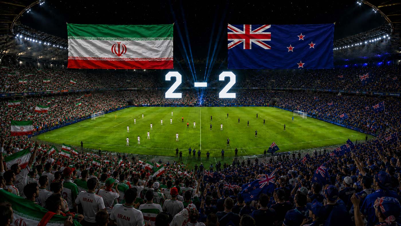 Stade de football rempli avec les drapeaux de l’Iran et de la Nouvelle-Zélande, le score 2-2 et les deux équipes réparties sur la pelouse.