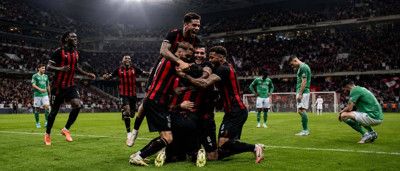 Illustration du match Nice – Saint-Étienne 4-1 en barrage de Ligue 1, avec des joueurs niçois célébrant face à des Stéphanois dépités.