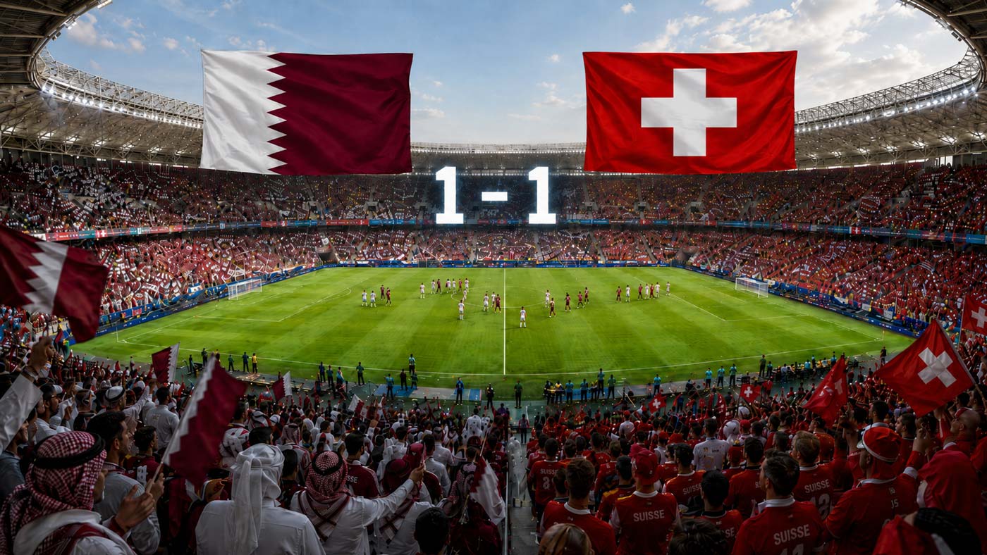 Stade de football rempli avec les drapeaux du Qatar et de la Suisse, score 1-1 et joueurs des deux équipes répartis sur la pelouse après le match.