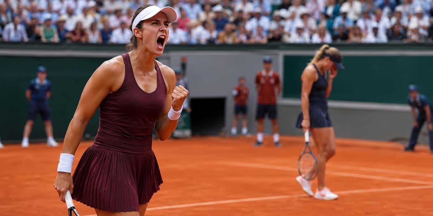 Joueuse de tennis célébrant une victoire surprise sur terre battue, avec son adversaire déçue en arrière-plan.