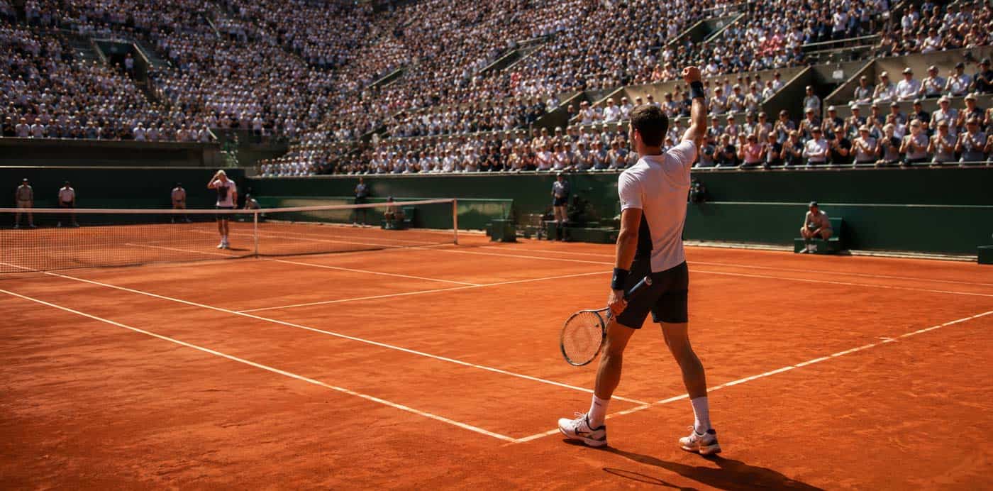 Vue panoramique d’un court de tennis en terre battue avec un joueur célébrant au premier plan et son adversaire au fond du court dans un stade plein.