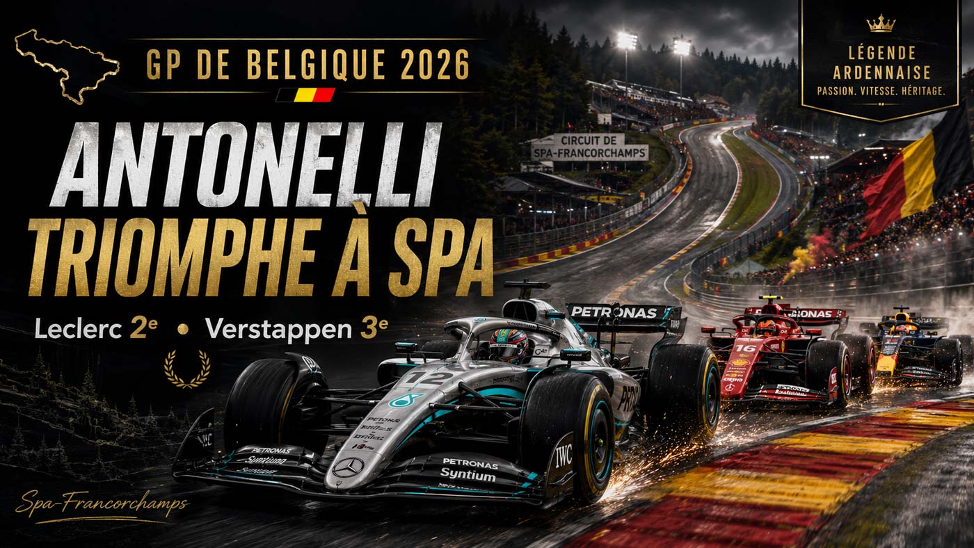Affiche du GP de Belgique F1 2026 montrant la victoire de Kimi Antonelli à Spa-Francorchamps devant Charles Leclerc et Max Verstappen