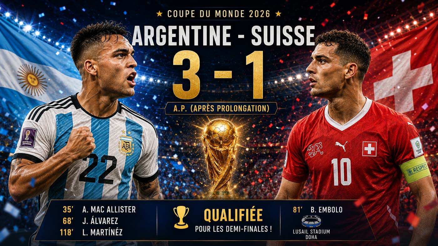 L’Argentine élimine la Suisse 3-1 après prolongation en quart de finale de la Coupe du monde 2026