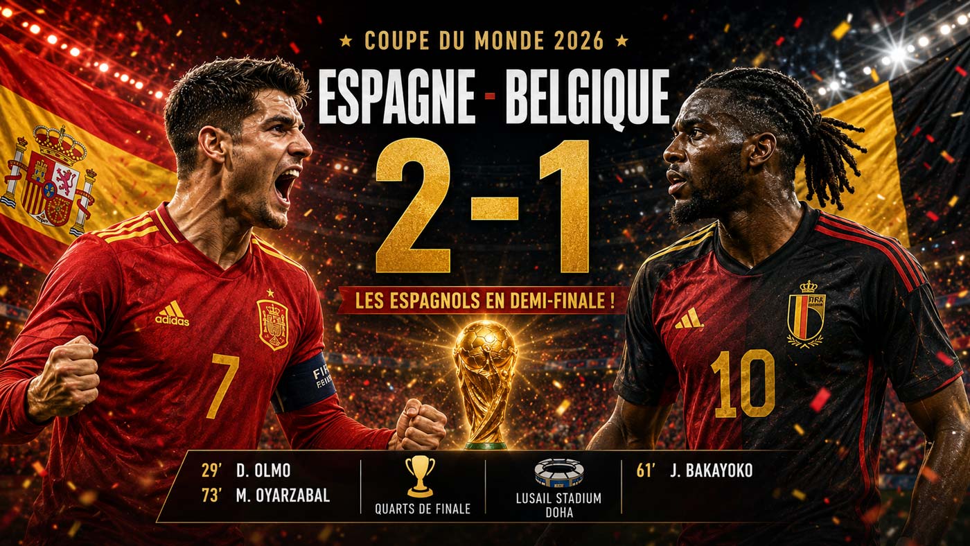 L’Espagne bat la Belgique 2-1 en quart de finale de la Coupe du monde 2026