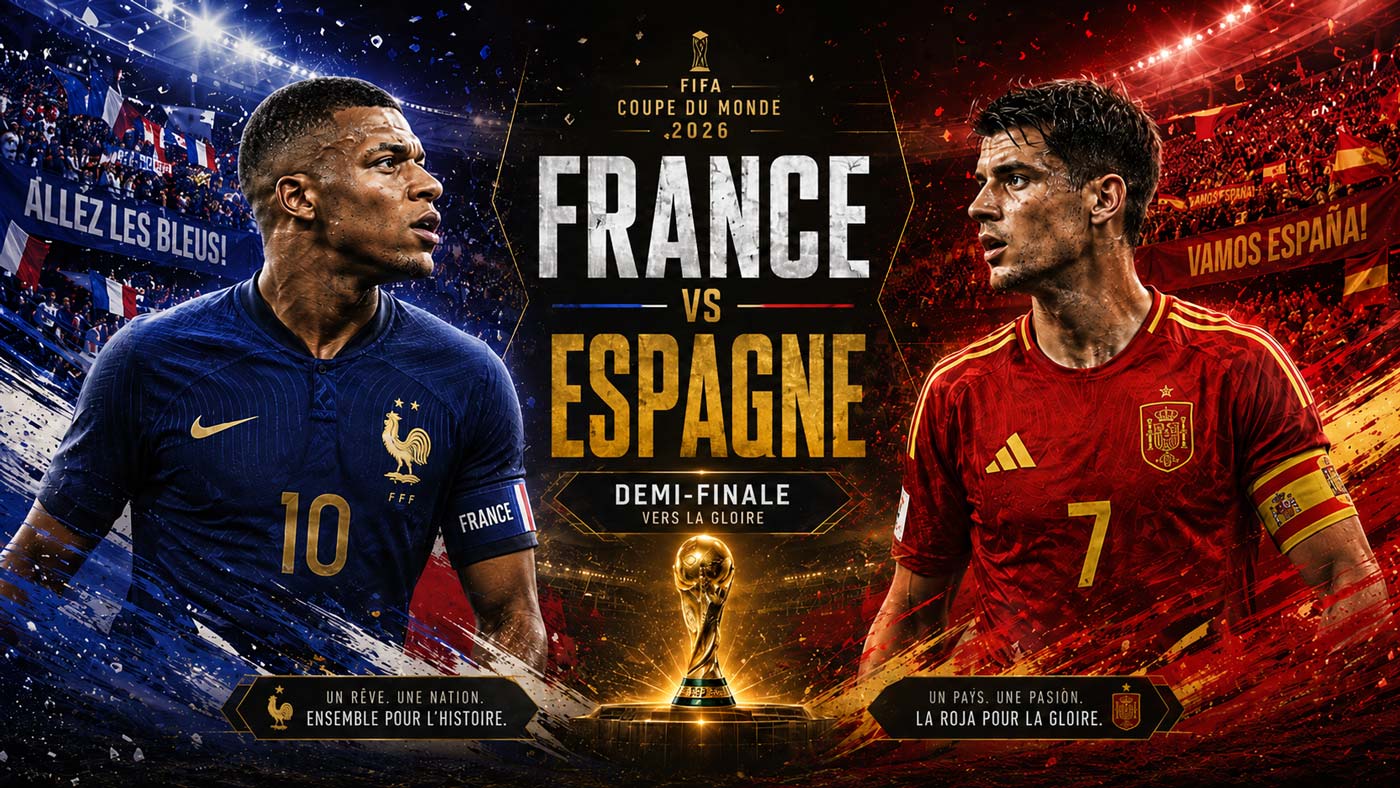 Affiche du pronostic France–Espagne en demi-finale de la Coupe du monde 2026 avec les Bleus face à la Roja