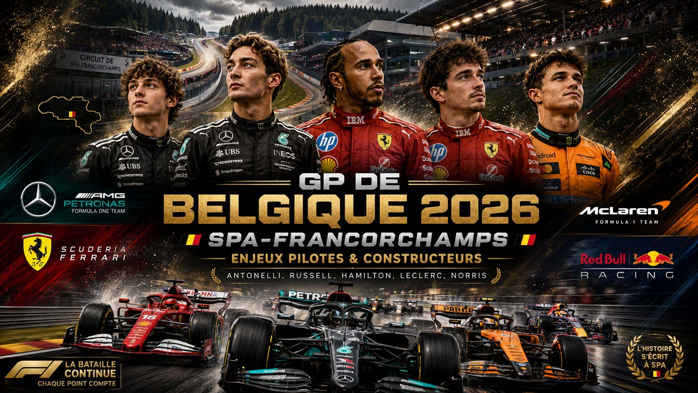 Affiche du Grand Prix de Belgique F1 2026 à Spa-Francorchamps mettant en avant les enjeux pour les pilotes et les constructeurs