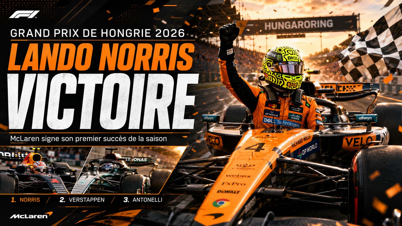 Lando Norris célèbre sa victoire au Grand Prix de Hongrie 2026 au volant de sa McLaren sur le Hungarorin