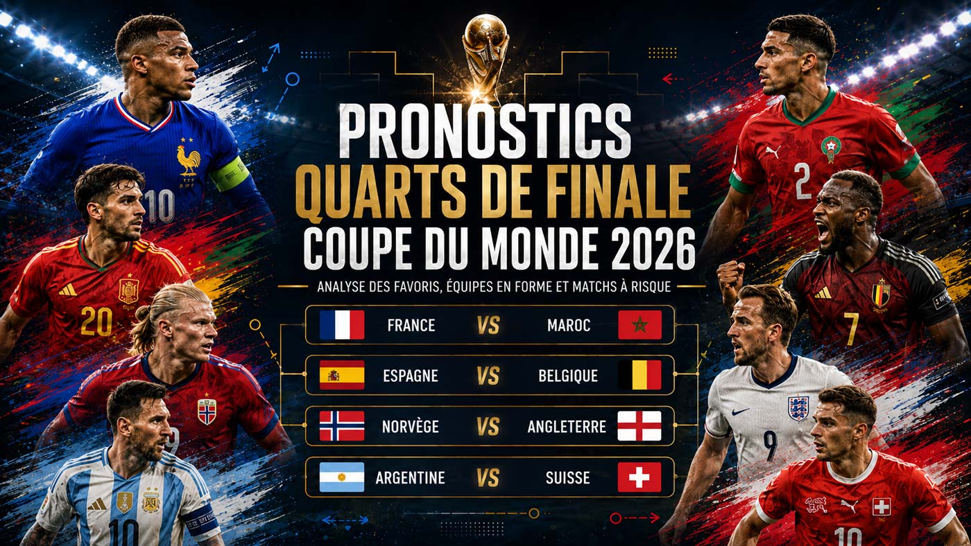 Affiche des pronostics des quarts de finale de la Coupe du monde 2026 avec France–Maroc, Espagne–Belgique, Norvège–Angleterre et Argentine–Suisse
