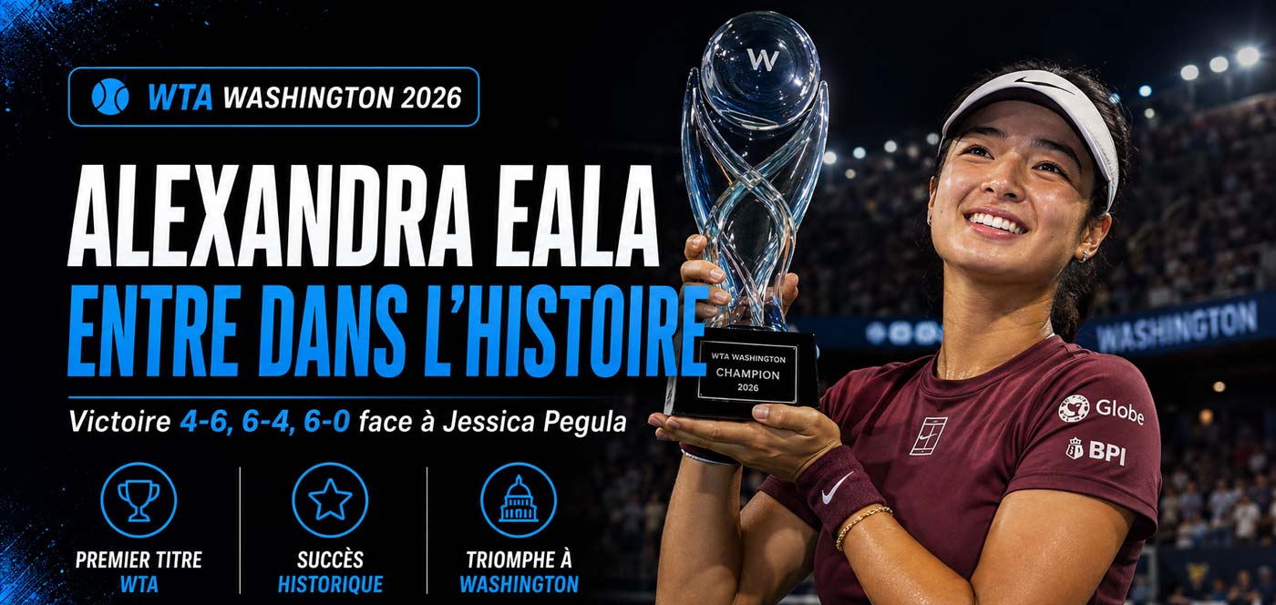 Alexandra Eala célèbre son premier titre WTA après sa victoire contre Jessica Pegula à Washington.