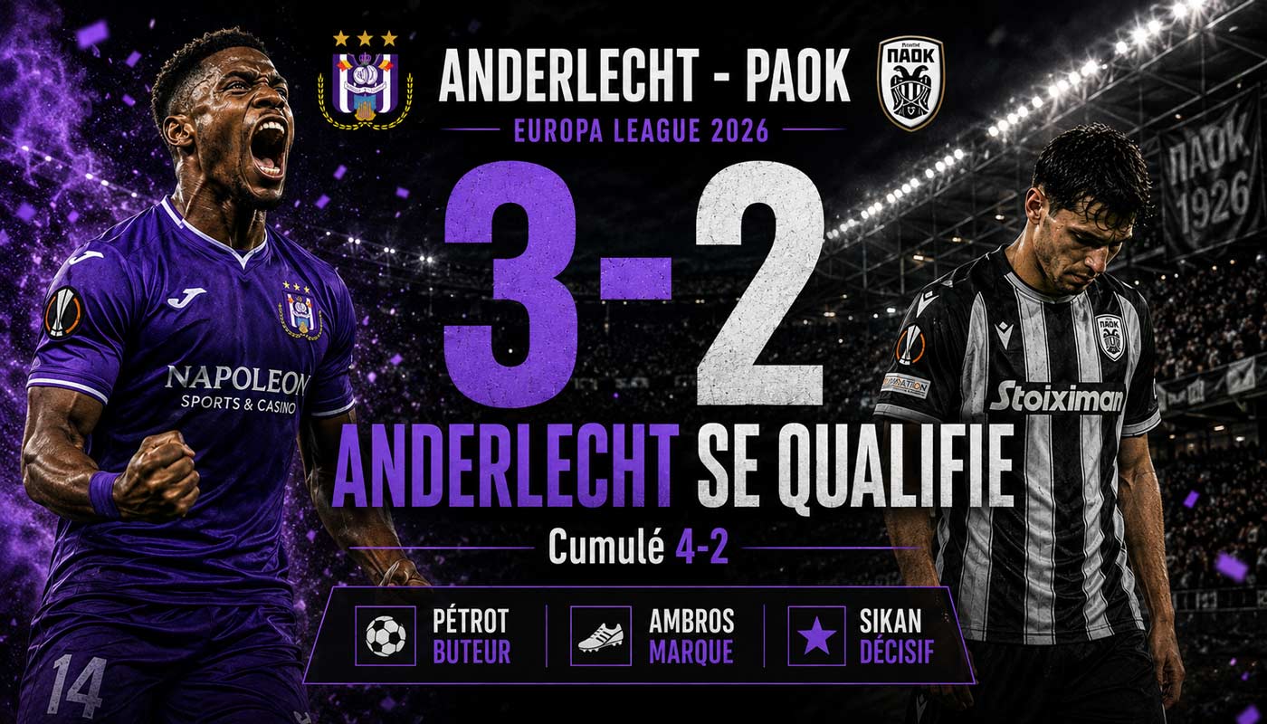 Anderlecht célèbre sa victoire 1-0 contre le PAOK lors du match aller d’Europa League 2026.