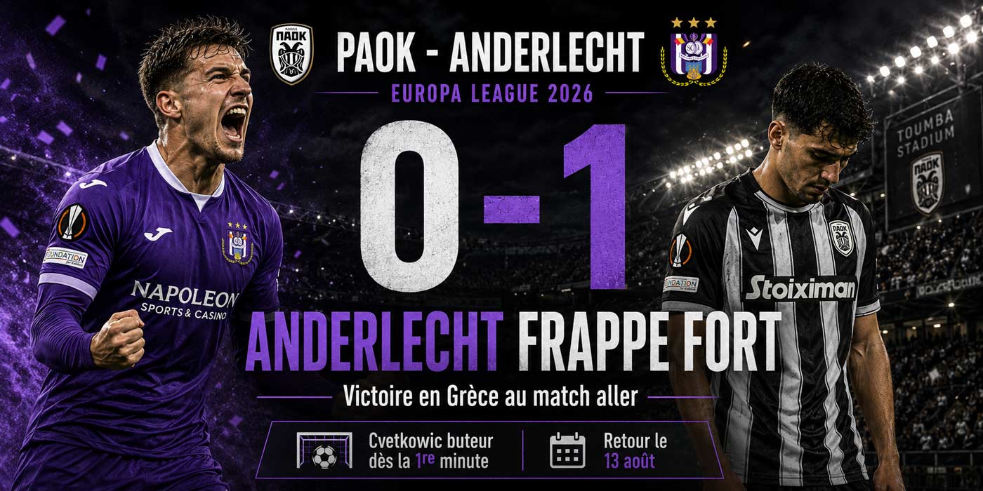 Anderlecht célèbre sa victoire 1-0 contre le PAOK lors du match aller d’Europa League 2026.
