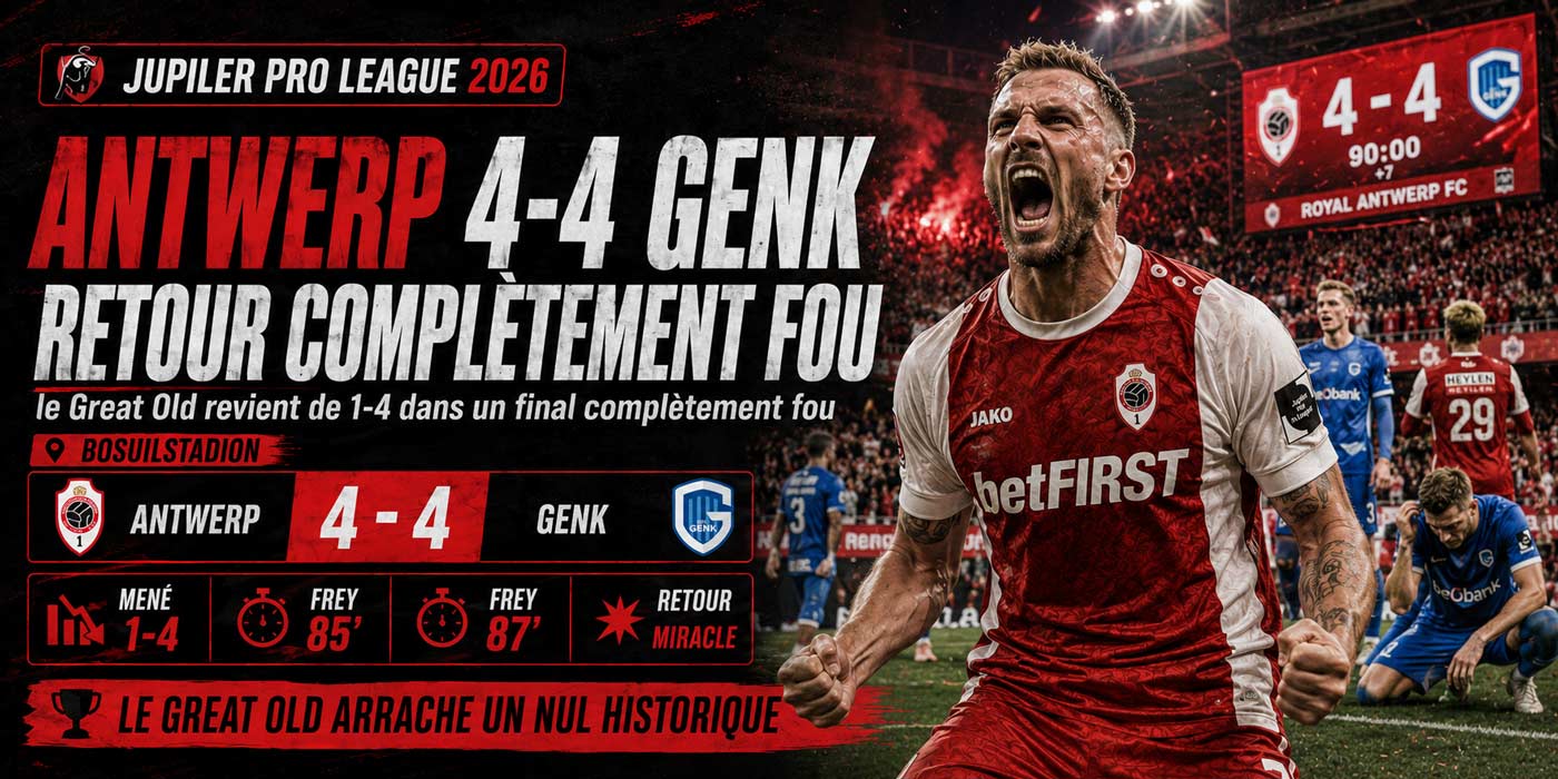 Un joueur du Royal Antwerp célèbre le match nul 4-4 contre Genk après une remontée spectaculaire