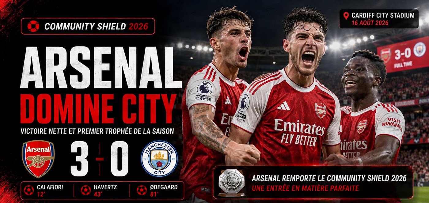 Arsenal célèbre sa victoire 3-0 contre Manchester City lors du Community Shield 2026.