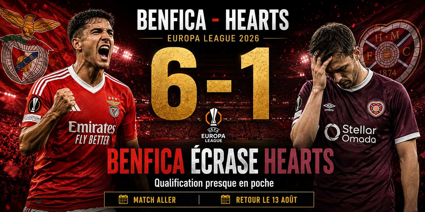 Benfica célèbre sa large victoire 6-1 contre Hearts lors du match aller d’Europa League 2026.