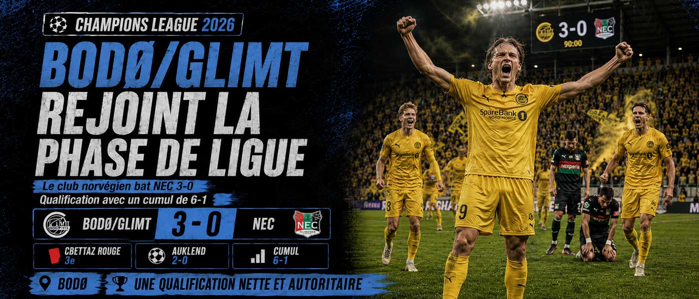Un joueur de Bodø/Glimt célèbre la victoire 3-0 contre le NEC en barrage de Champions League 2026