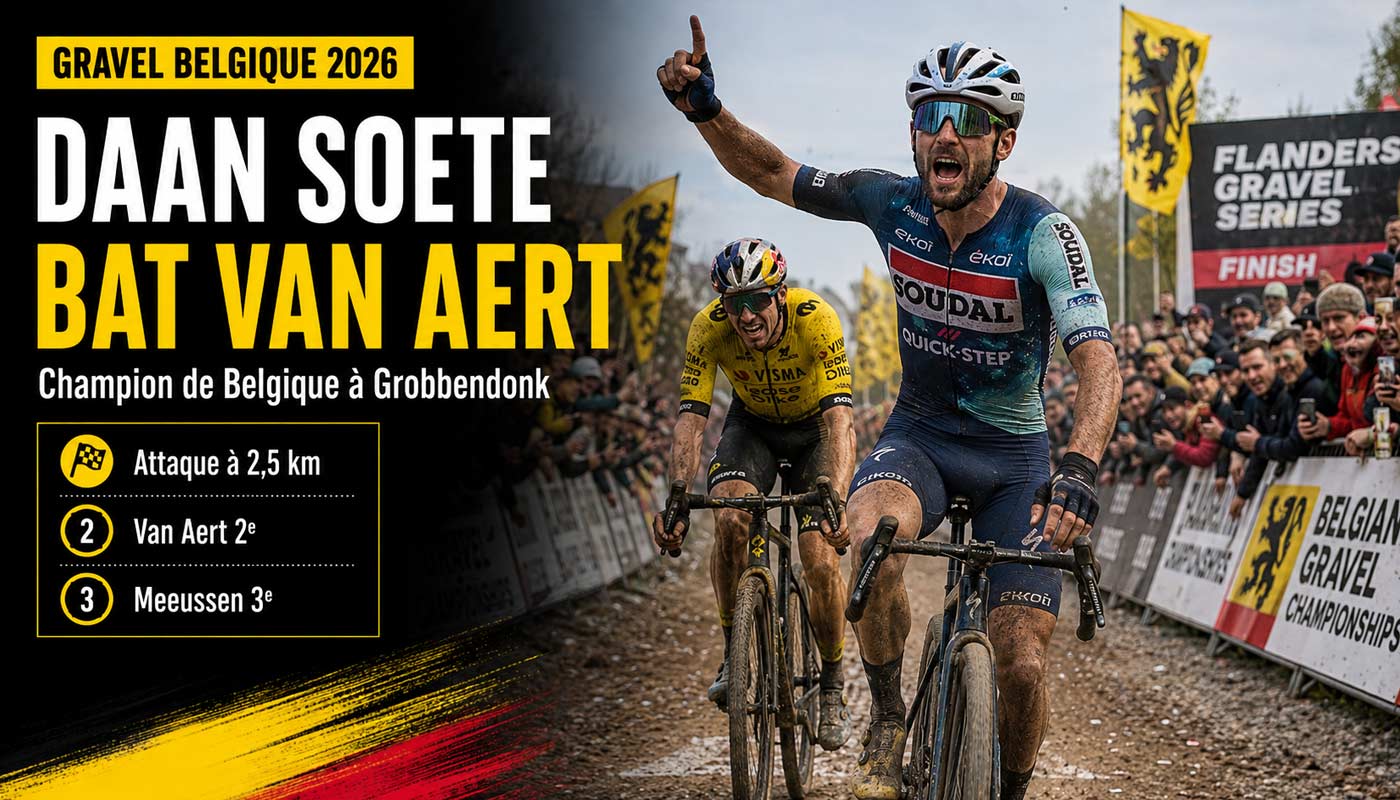 Daan Soete célèbre son titre de champion de Belgique de gravel 2026 devant Wout van Aert.