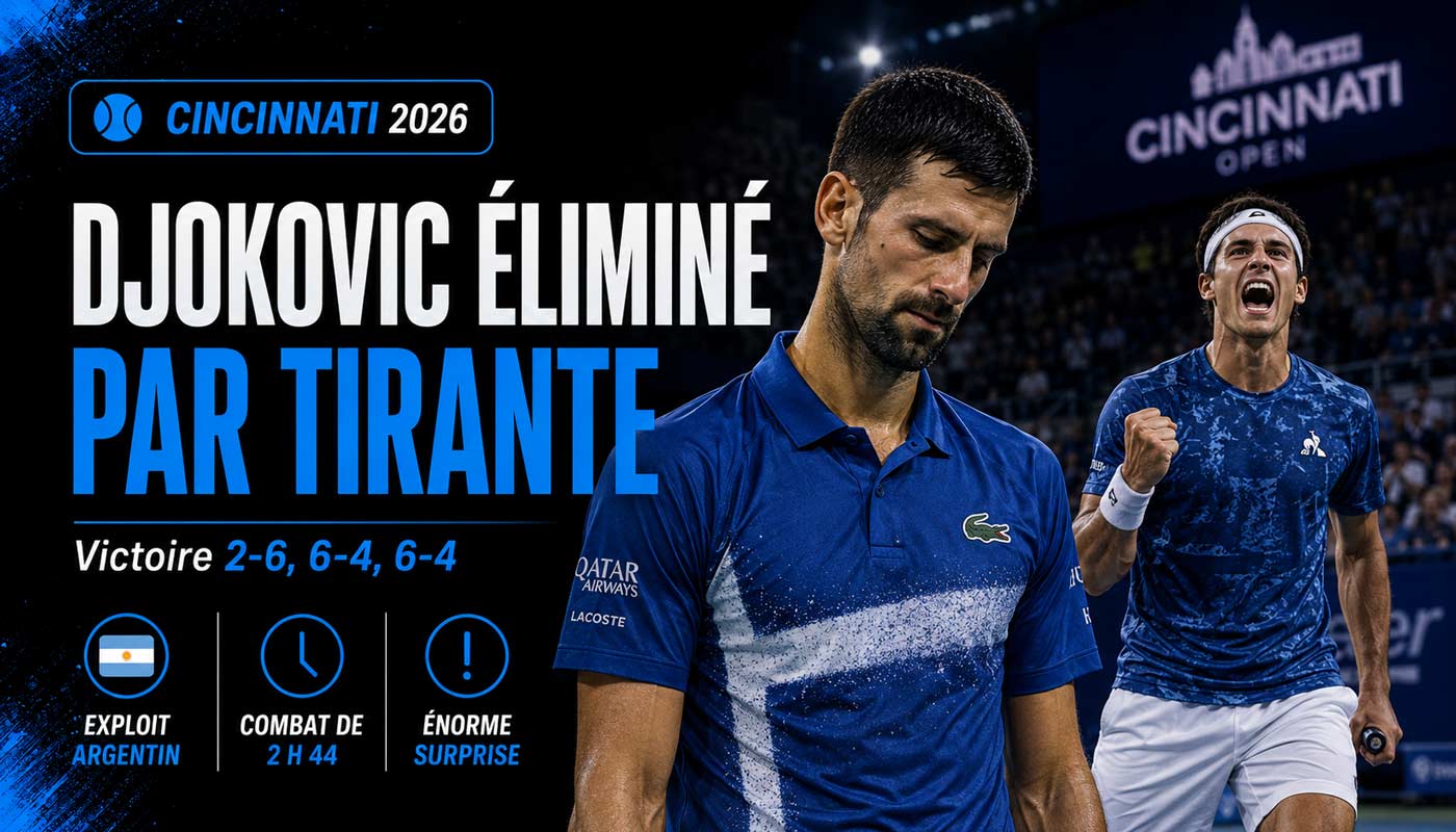 Novak Djokovic est éliminé par Thiago Agustín Tirante au Masters de Cincinnati 2026.